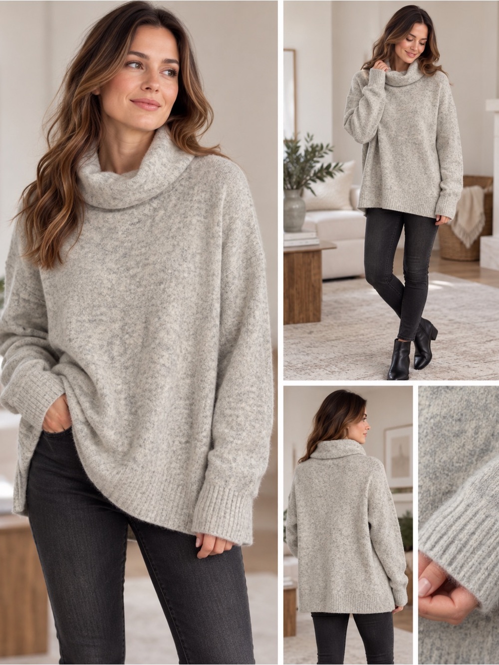Babaton Merino Wool Yak Cowl Neck Oversized Sweater Grey Size M